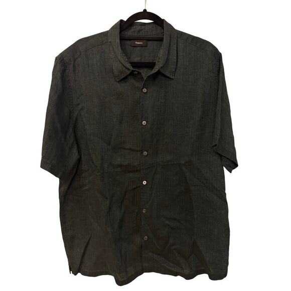 Theory Men's XXL Forest Green Short Sleeve Button Down Linen - Picture 1 of 6